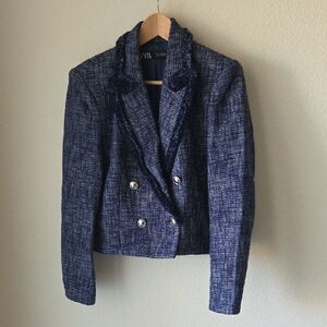 Zara Women's Navy Tweed Blazer
